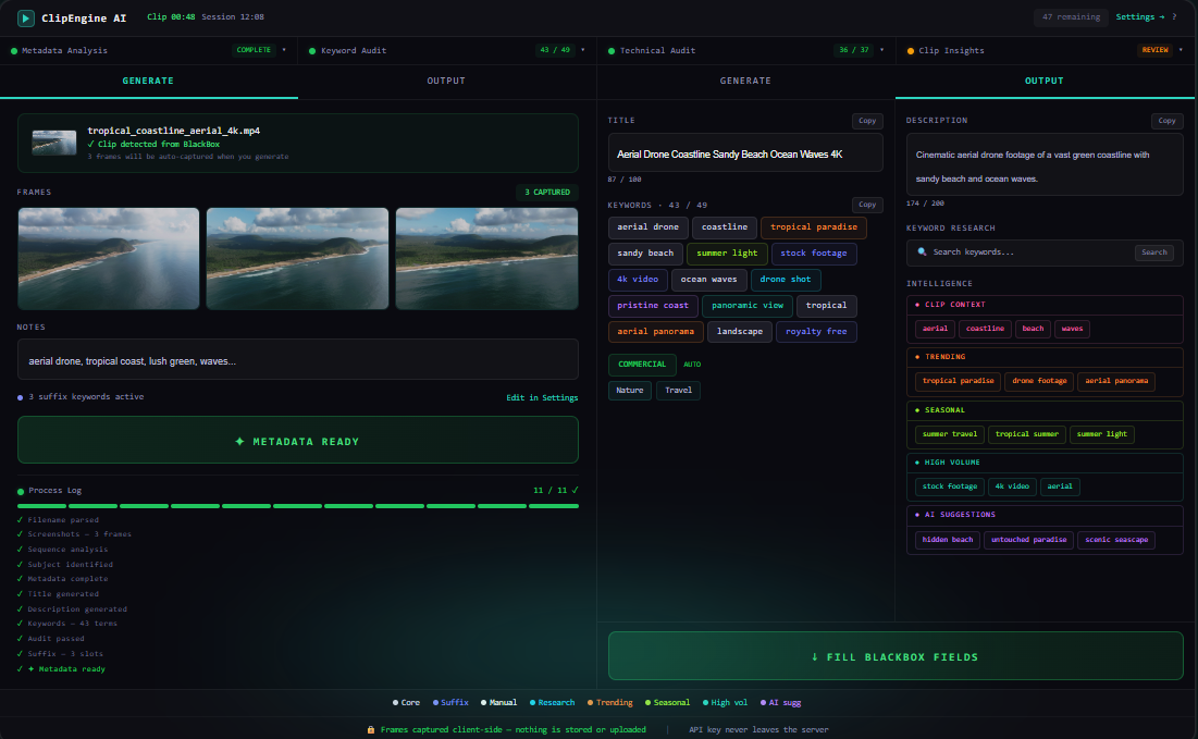 ClipEngine AI extension mockup — BlackBox dashboard with auto-generated metadata